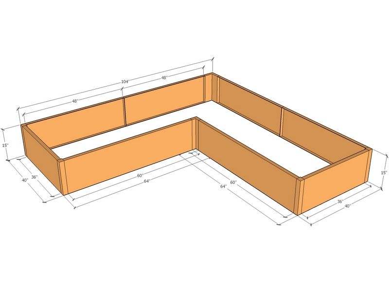 L-shaped planter kit 8'8" x 8'8" x 40" x 15"T