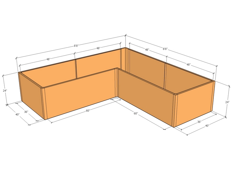 L-shaped planter kit 8'8" x 8'8" x 40" x 24"T