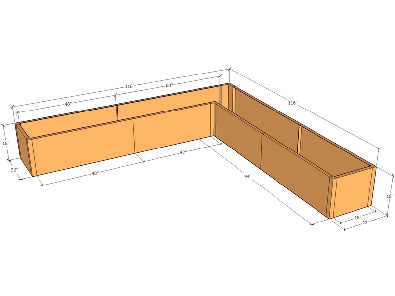 L-shaped planter kit 9'8" x 9'8" x 22" x 18"T