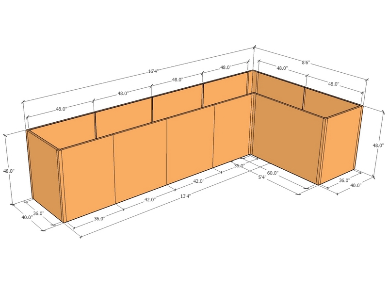 L-shaped planter kit 16'6" x 8'6" x 40" x 48"T