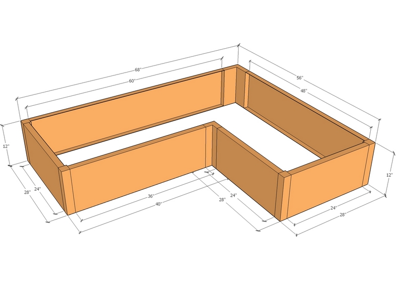 L-shaped planter kit 5'8" x 4'8" x 28" x 12"T