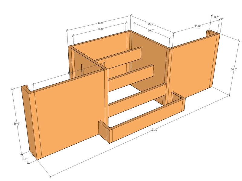 12'1" long x 36" tall with steps 3'4" wide